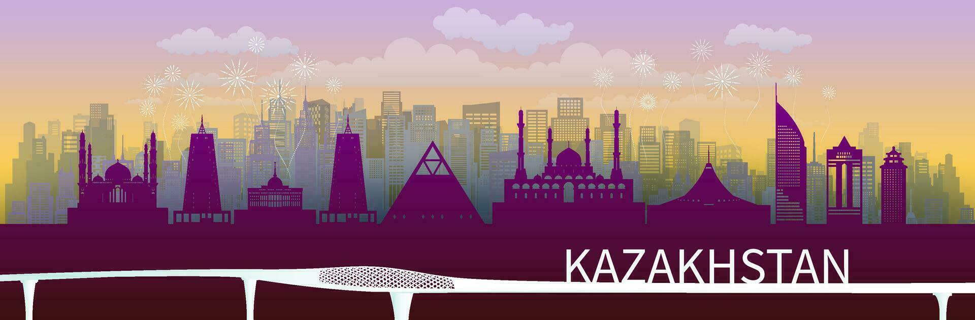 Voyage Repères kazakhstan avec silhouette architecture dans violet Contexte. vecteur