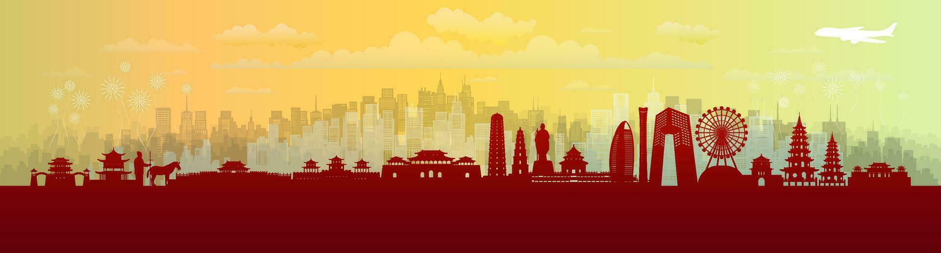 Voyage Repères Chine avec silhouette architecture arrière-plan, Chine journée anniversaire. vecteur