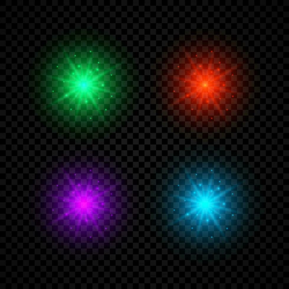 lumière effet de lentille fusées éclairantes. ensemble de quatre vert, rouge, violet et bleu embrasé lumières starburst effets avec scintille sur une foncé vecteur