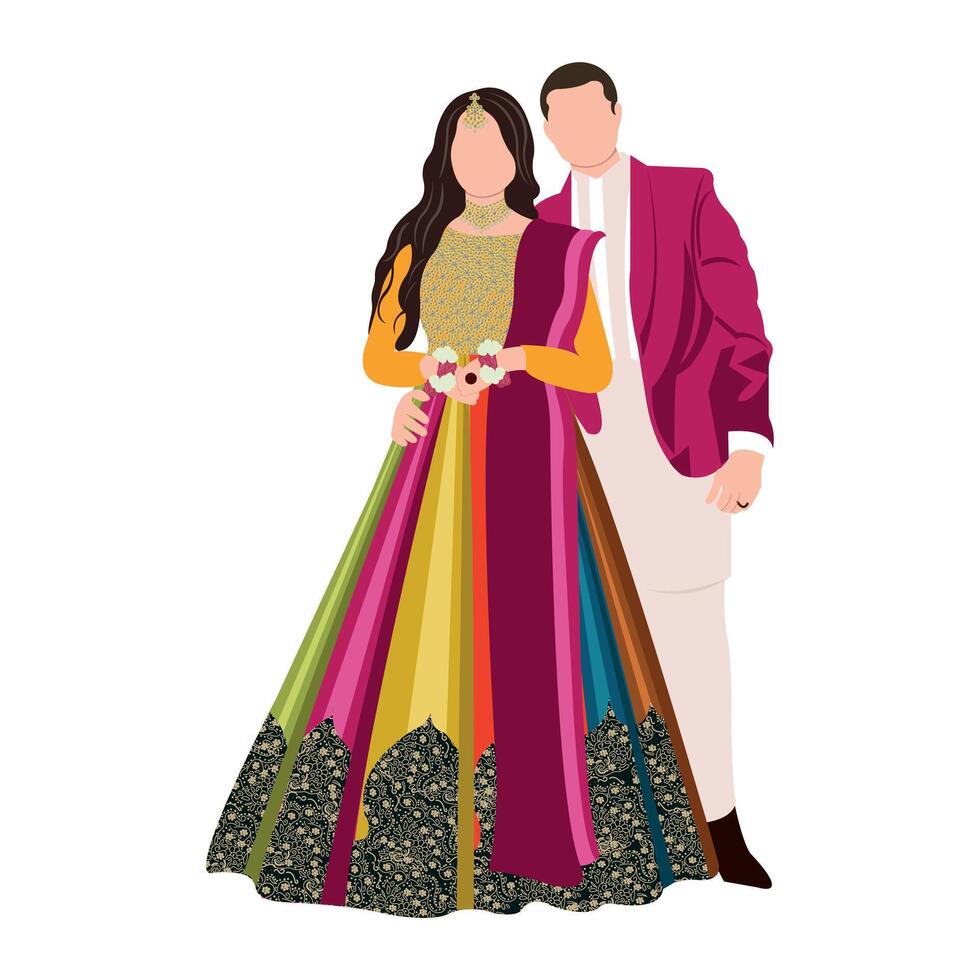 vecteur vecteur mignonne Indien couple dessin animé dans traditionnel robe posant pour mariage invitation carte conception