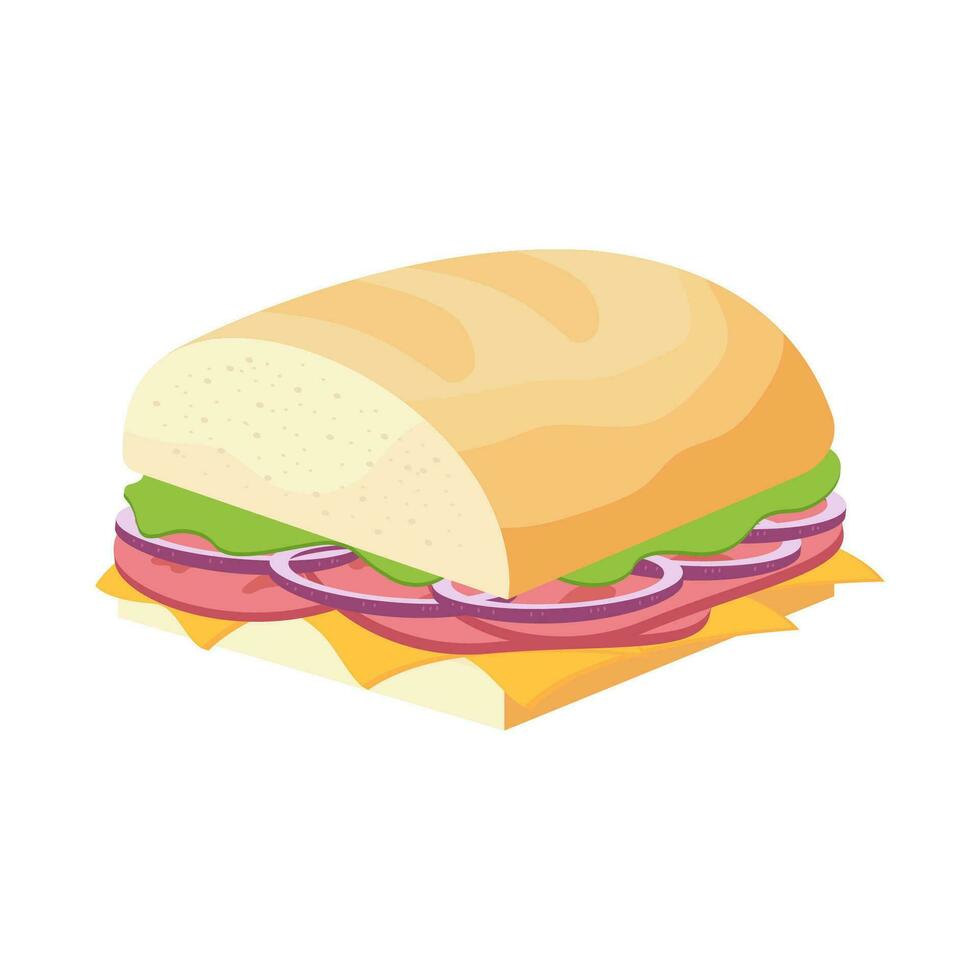 sandwich. casse-croûte vite aliments. boulette de viande sous, emballage et traditionnel jambon et fromage sur griller. vecteur illustration isolé sur blanc Contexte eps10.