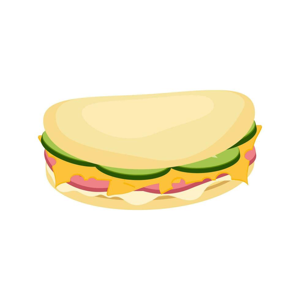 sandwich. casse-croûte vite aliments. boulette de viande sous, emballage et traditionnel jambon et fromage sur griller. vecteur illustration isolé sur blanc Contexte eps10.