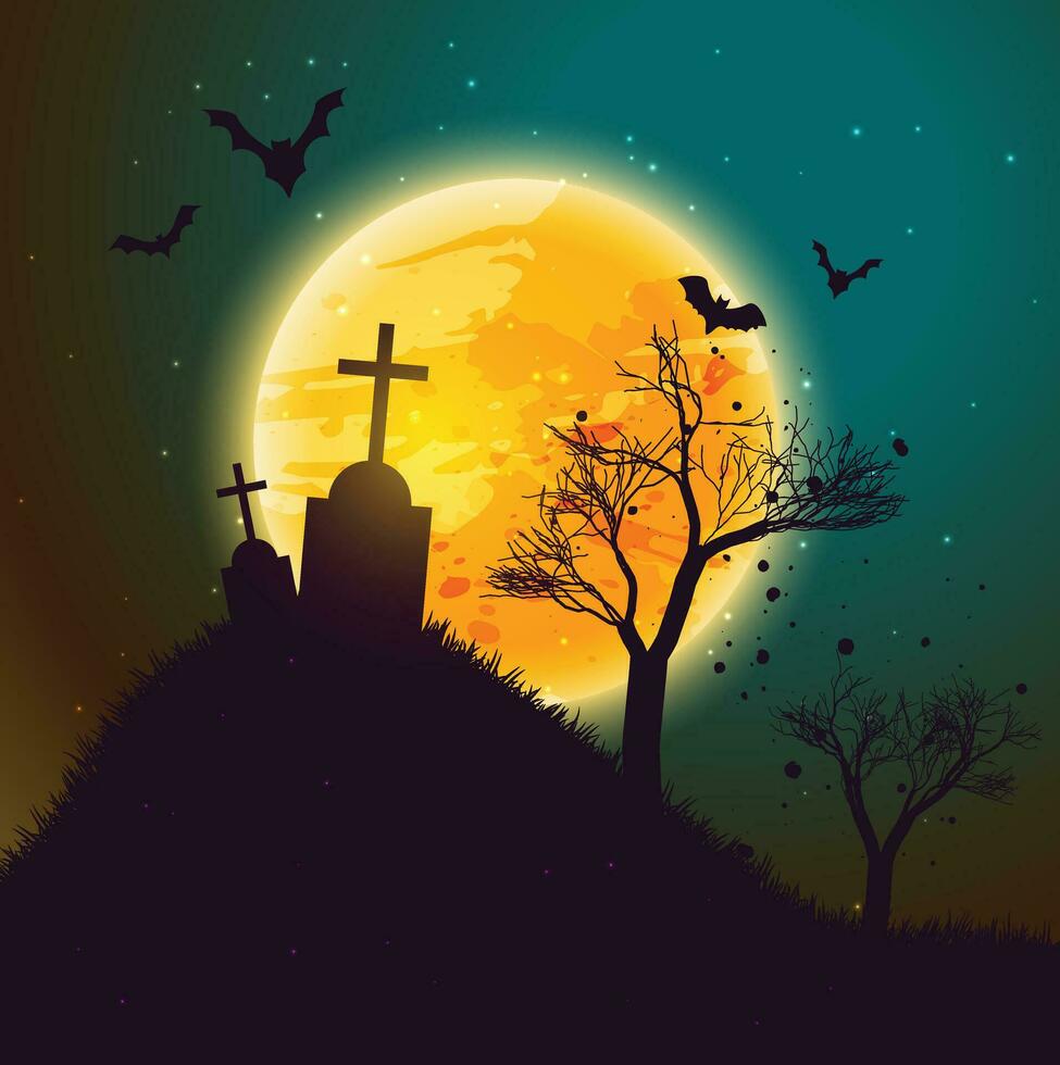 Halloween citrouilles avec lune sur Orange nuit Contexte. illustration pouvez être utilisé pour enfants vacances conception, cartes, faire-part, bannières. vacances carte avec jack o' lanternes, chauves-souris et noir araignée. vecteur