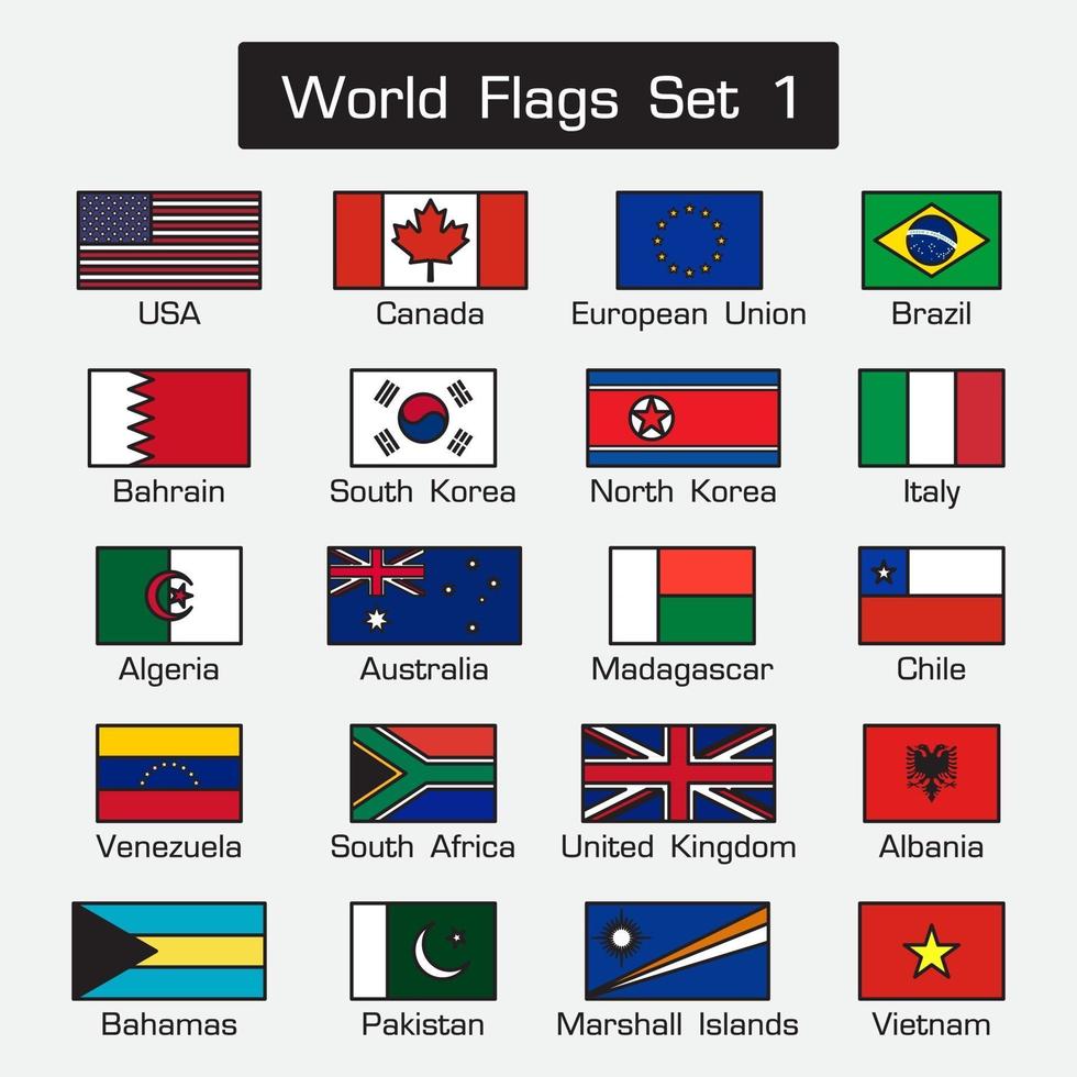 jeu de drapeaux du monde 1 . style simple et design plat. contour épais. vecteur