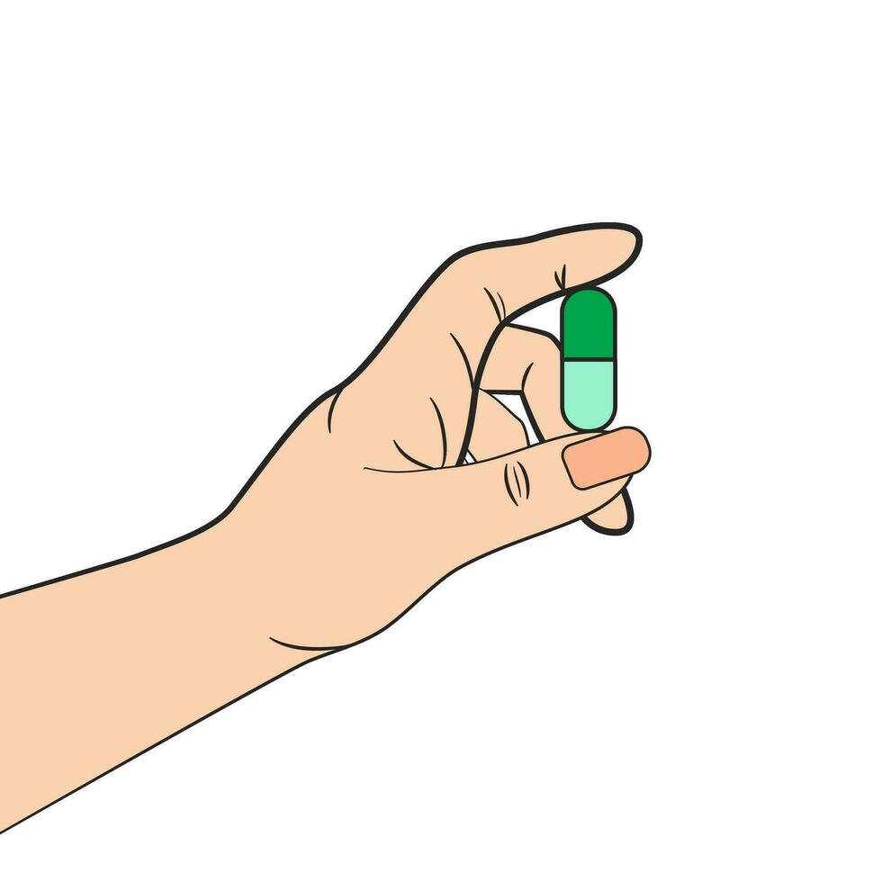 main en portant vert pilule, vecteur illustration. eps10.