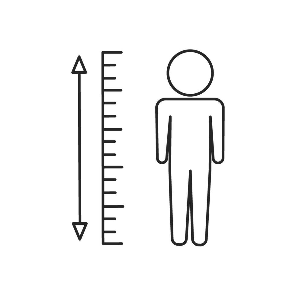 Humain les mesures la taille icône, échelle avec homme, mince ligne symbole sur blanc Contexte - vecteur illustration.