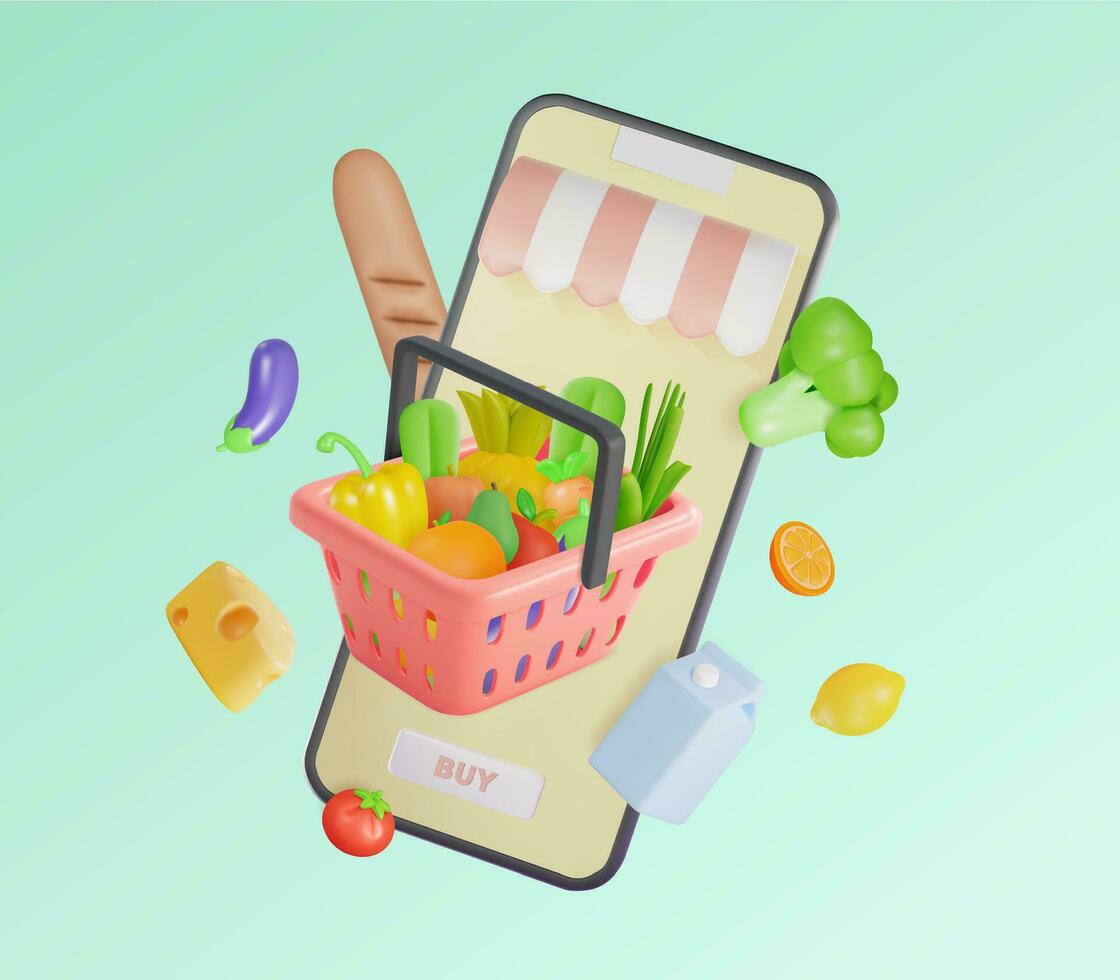 3d Frais des légumes et des fruits en ligne achats concept dessin animé style. vecteur