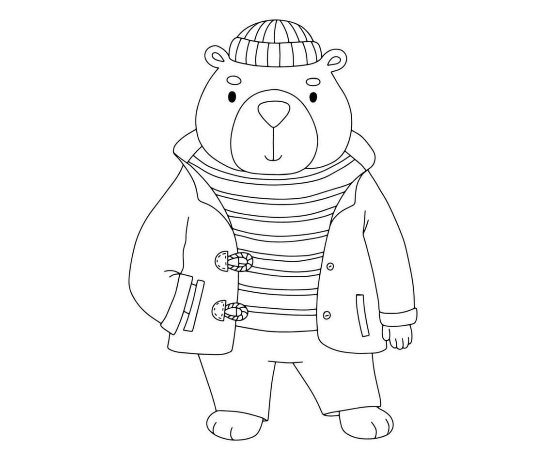 mignonne marin ours habillé dans gilet, chapeau et Jaune pêche veste. marrant aquarelle illustration de enfant personnage isolé sur blanc Contexte vecteur