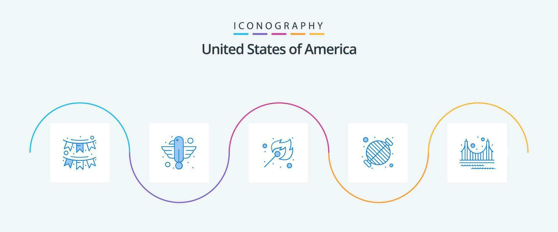 Etats-Unis bleu 5 icône pack comprenant gril. barbecue. Aigle. aliments. rencontre vecteur