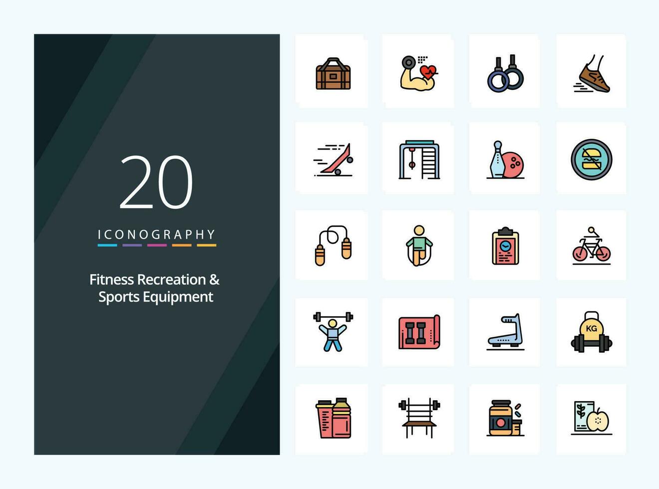 20 aptitude des loisirs et des sports équipement ligne rempli icône pour présentation vecteur