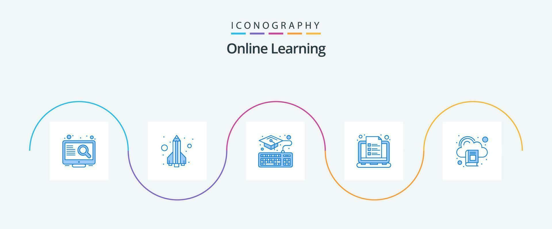 en ligne apprentissage bleu 5 icône pack comprenant nuage. note. fusée. apprentissage. cours vecteur