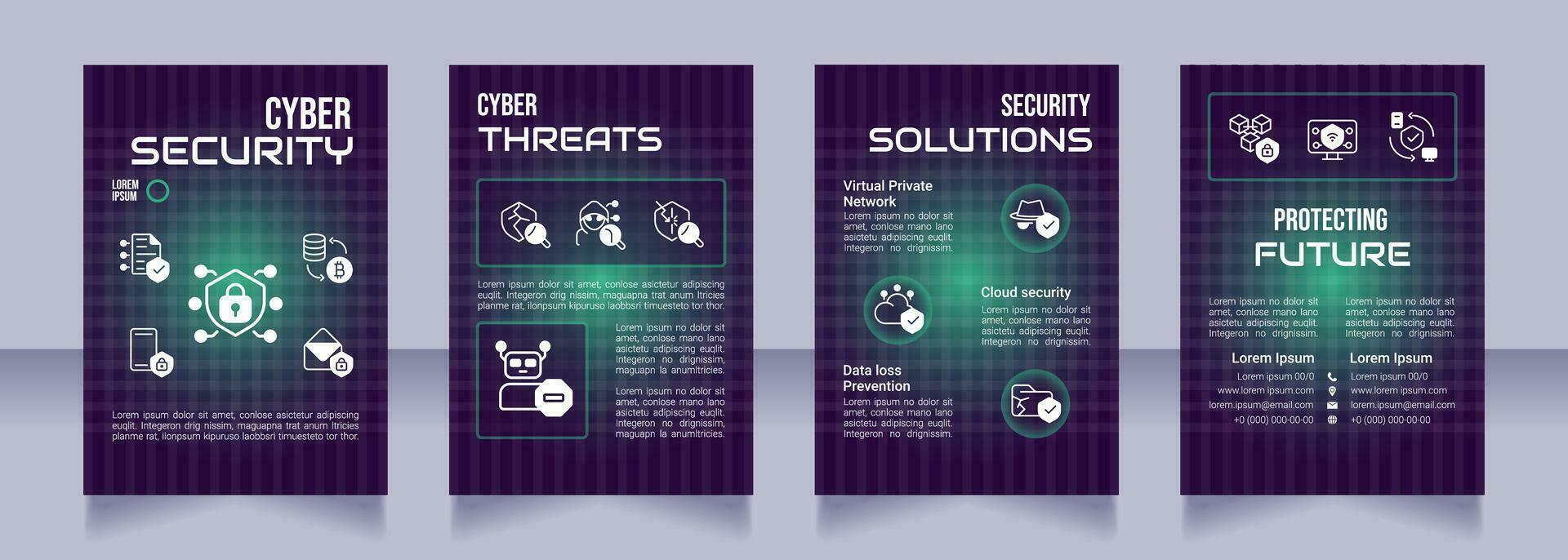 la cyber-sécurité violet premade brochure modèle. ordinateur science. cybercriminalité la prévention brochure conception avec Icônes, copie espace. modifiable 4 mises en page vecteur