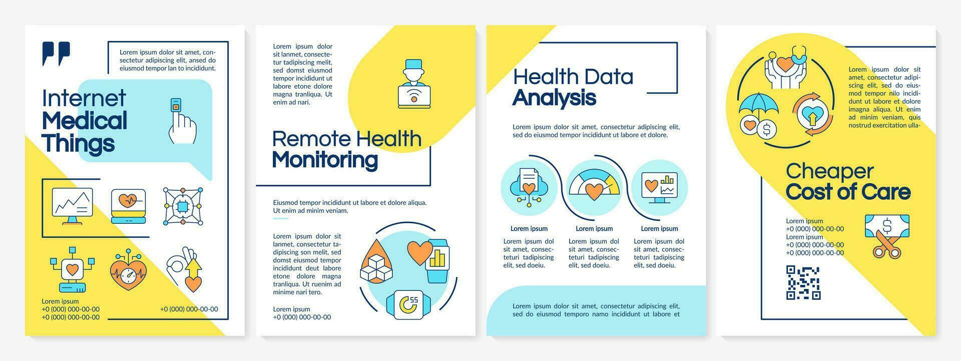 l'Internet de médical des choses Jaune et bleu brochure modèle. brochure conception avec linéaire Icônes. modifiable 4 vecteur mises en page pour présentation, annuel rapports