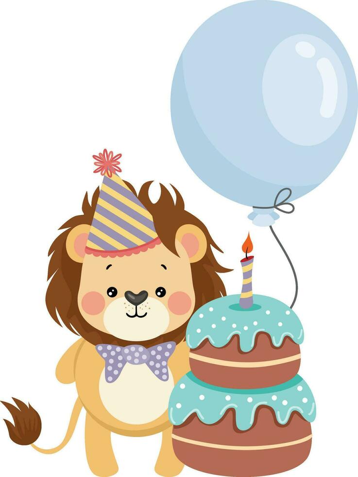 mignonne Lion avec ballon et content anniversaire gâteau vecteur