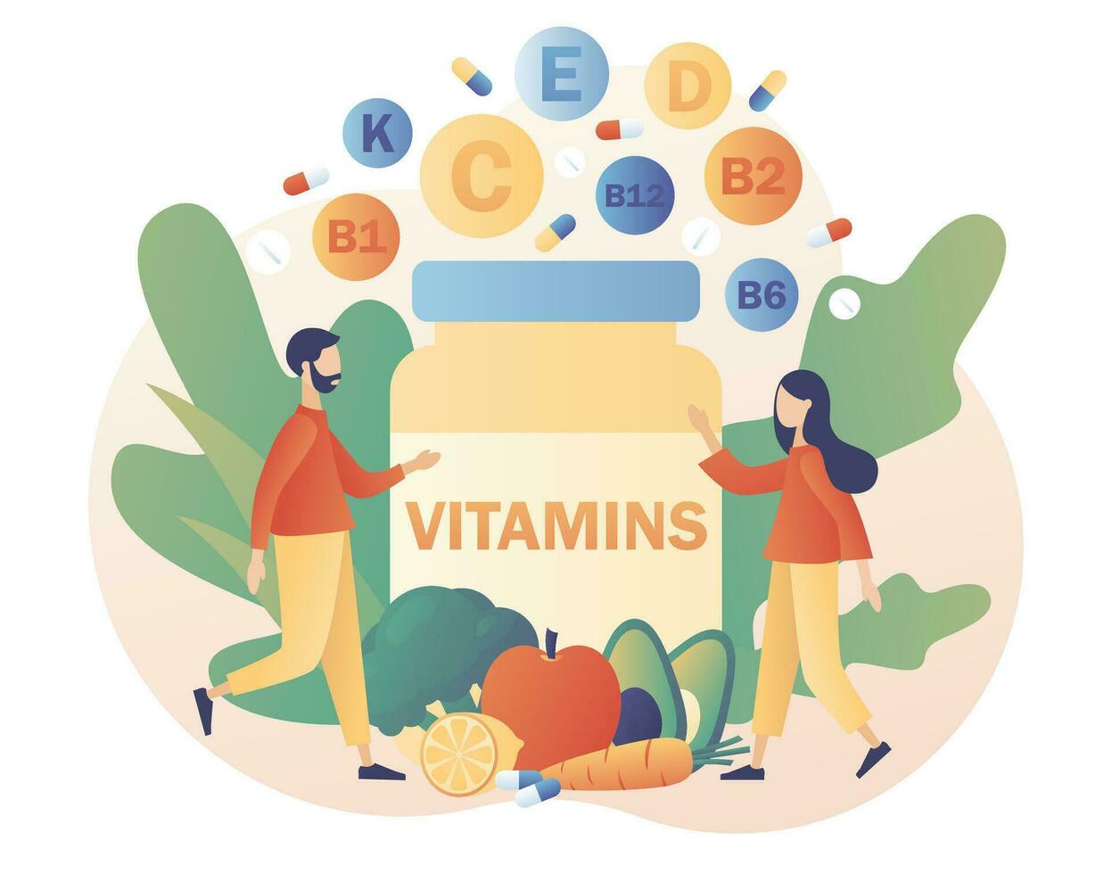 vitamines complexe. en bonne santé mode de vie. minuscule gens et pot multi vitamine supplément, vitamine un, groupe b b1, b2, b6, b12, c, d, e, k. moderne plat dessin animé style. vecteur illustration sur blanc Contexte