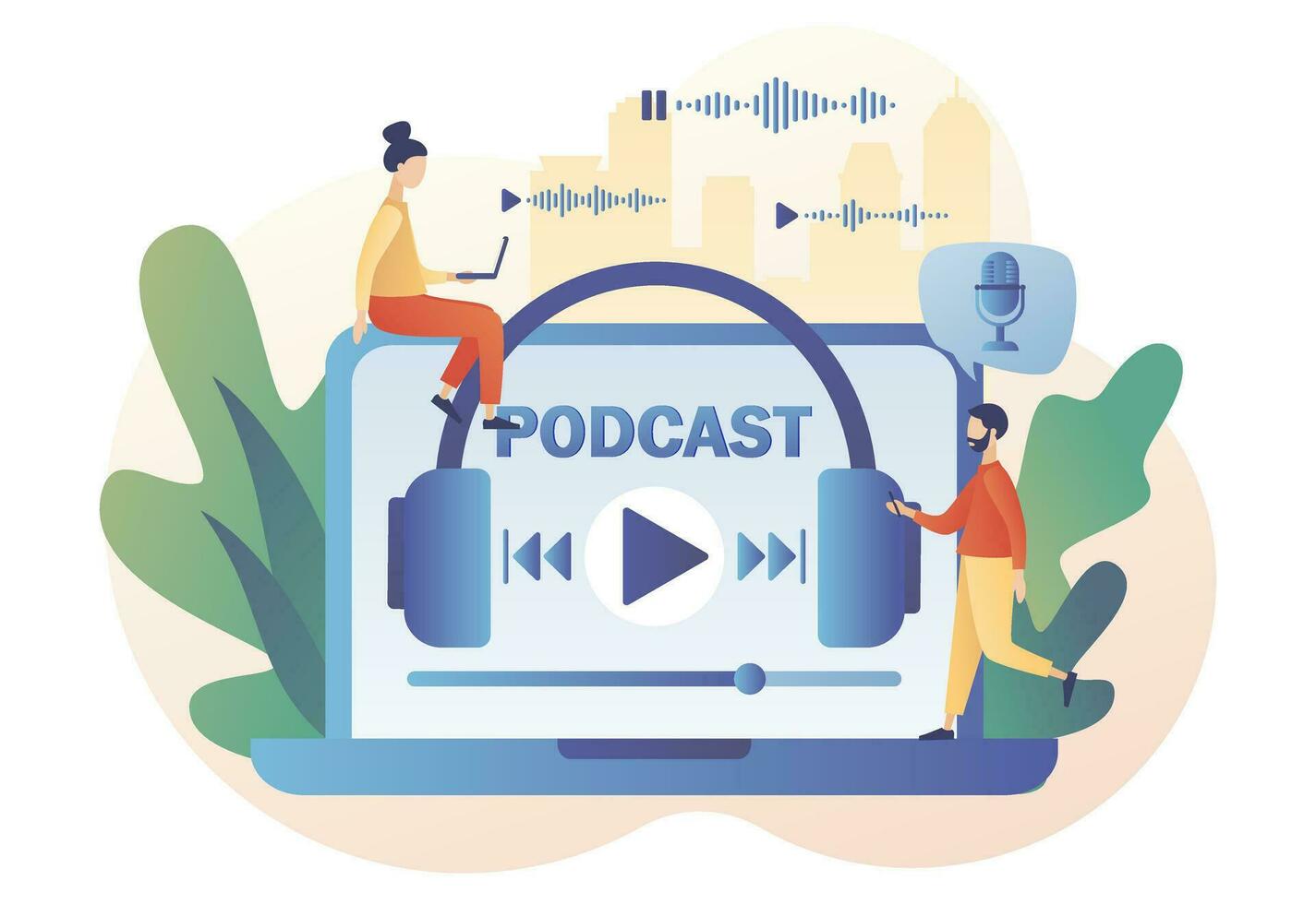 Podcast concept. minuscule gens écoute l'audio, en ligne entraînement, radio spectacle ou l'audio Blog via portable. baladodiffusion. moderne plat dessin animé style. vecteur illustration sur blanc Contexte