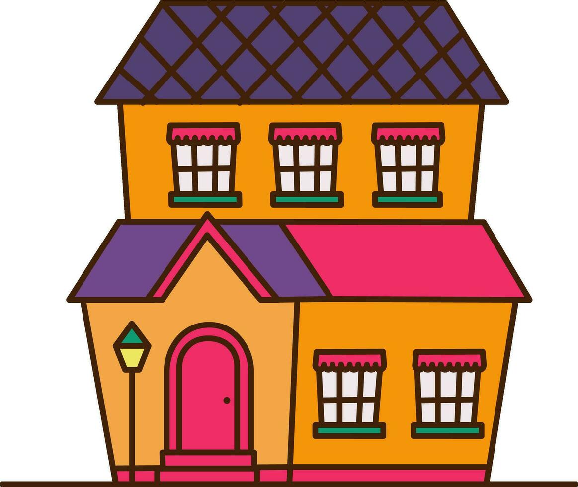 vecteur mignonne dessin animé maison avec coloré toit icône. vecteur gros maison avec cinq les fenêtres et rose porte icône.