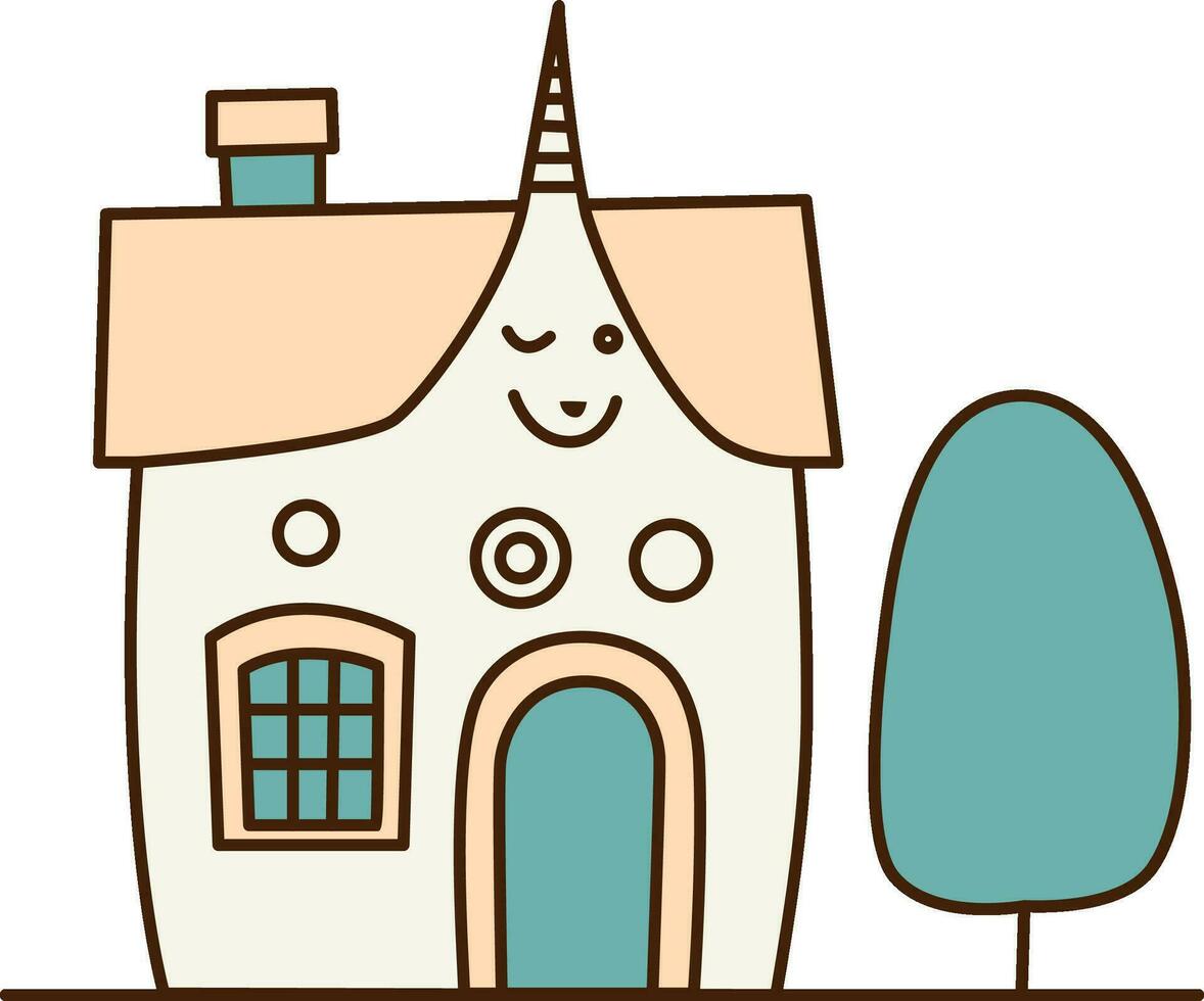 vecteur dessin animé blanc maison avec bleu arbre autour icône. vecteur mignonne maison avec rose toit et cheminée icône.
