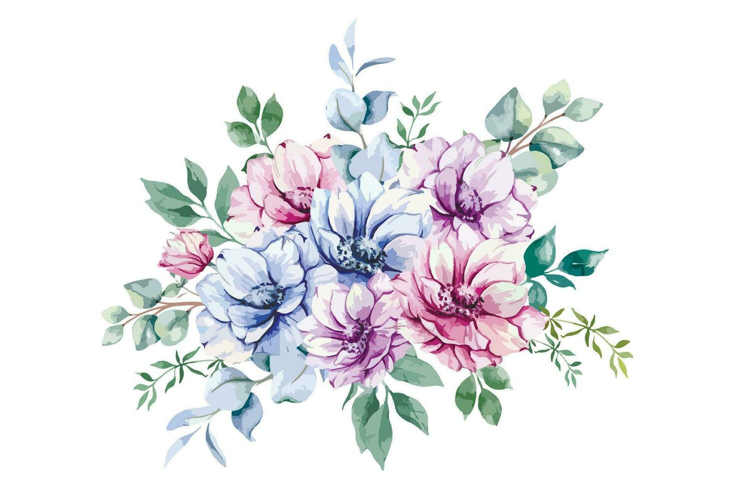 anémone fleurs aquarelle illustration. bleu, rose et violet anémones main peint isolé sur blanc Contexte. parfait pour mariage faire-part, de mariée douche et floral salutation cartes vecteur