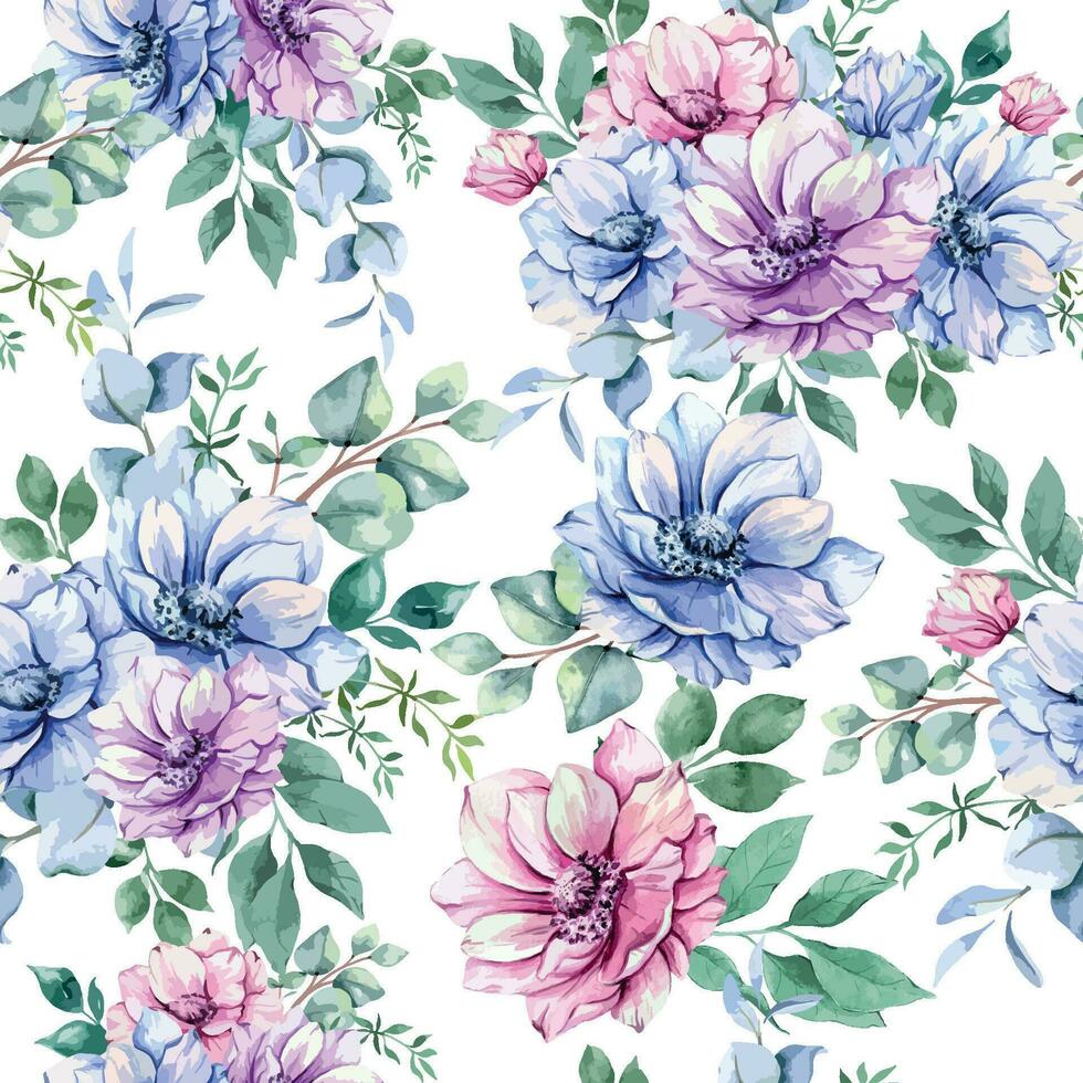 élégant floral sans couture modèle avec aquarelle anémone fleurs et verdure. sans couture floral Contexte dans rose, bleu et violet couleurs vecteur