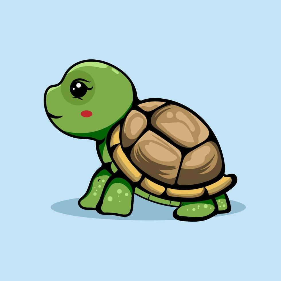 lustration de une souriant dessin animé content mignonne mer tortue dessin animé isolé sur bleu Contexte pour des gamins éducation ou vêtements des gamins vecteur