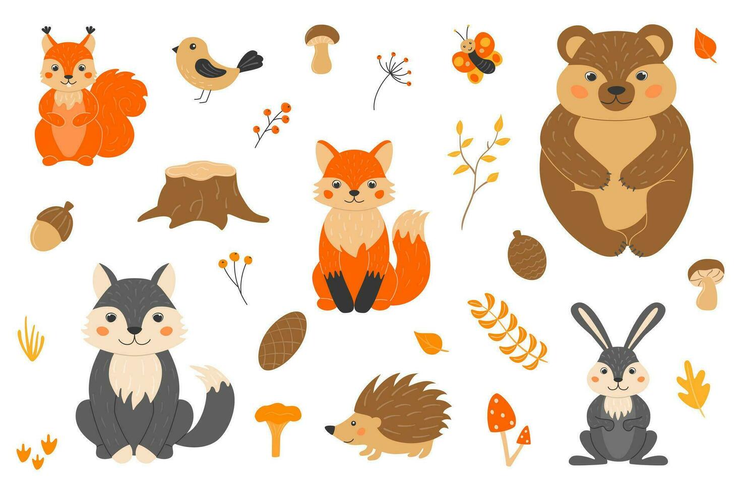 vecteur illustration avec mignonne forêt animaux dans dessin animé style. écureuil, Renard, loup, ours, hérisson, papillon, oiseau. brindilles, cônes, gland, feuilles, herbe. l'automne dans le forêt.