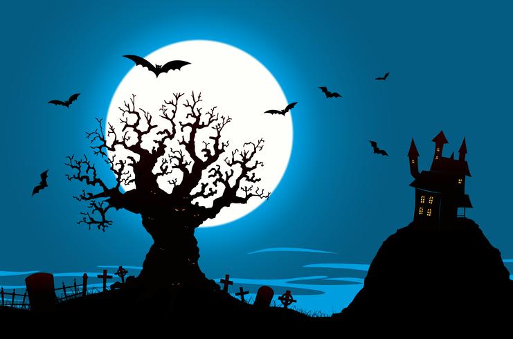 Affiche Halloween - Maison hantée et arbre maléfique vecteur
