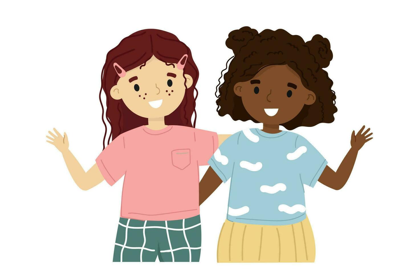 deux mignonne dessin animé style les filles souriant. un illustration de content multiracial les enfants. isolé sur blanche. meilleur amis. content enfants journée concept. vecteur