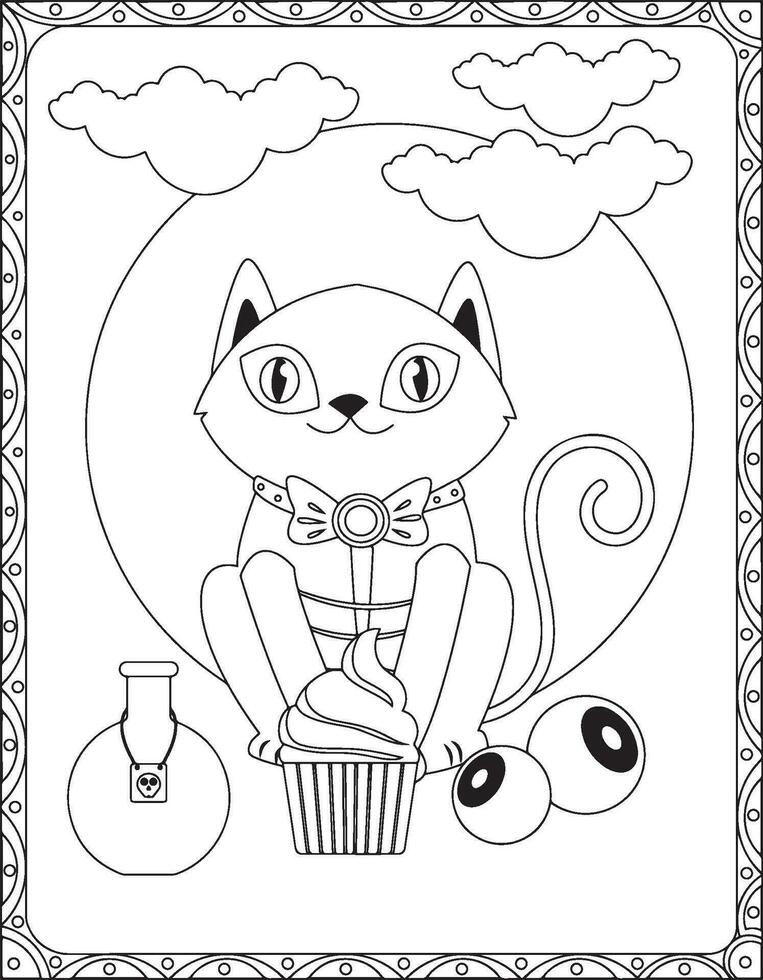 Halloween coloration pages, halloween chat coloration pages pour enfants, Halloween illustration, Halloween vecteur, noir et blanc, chat illustration vecteur