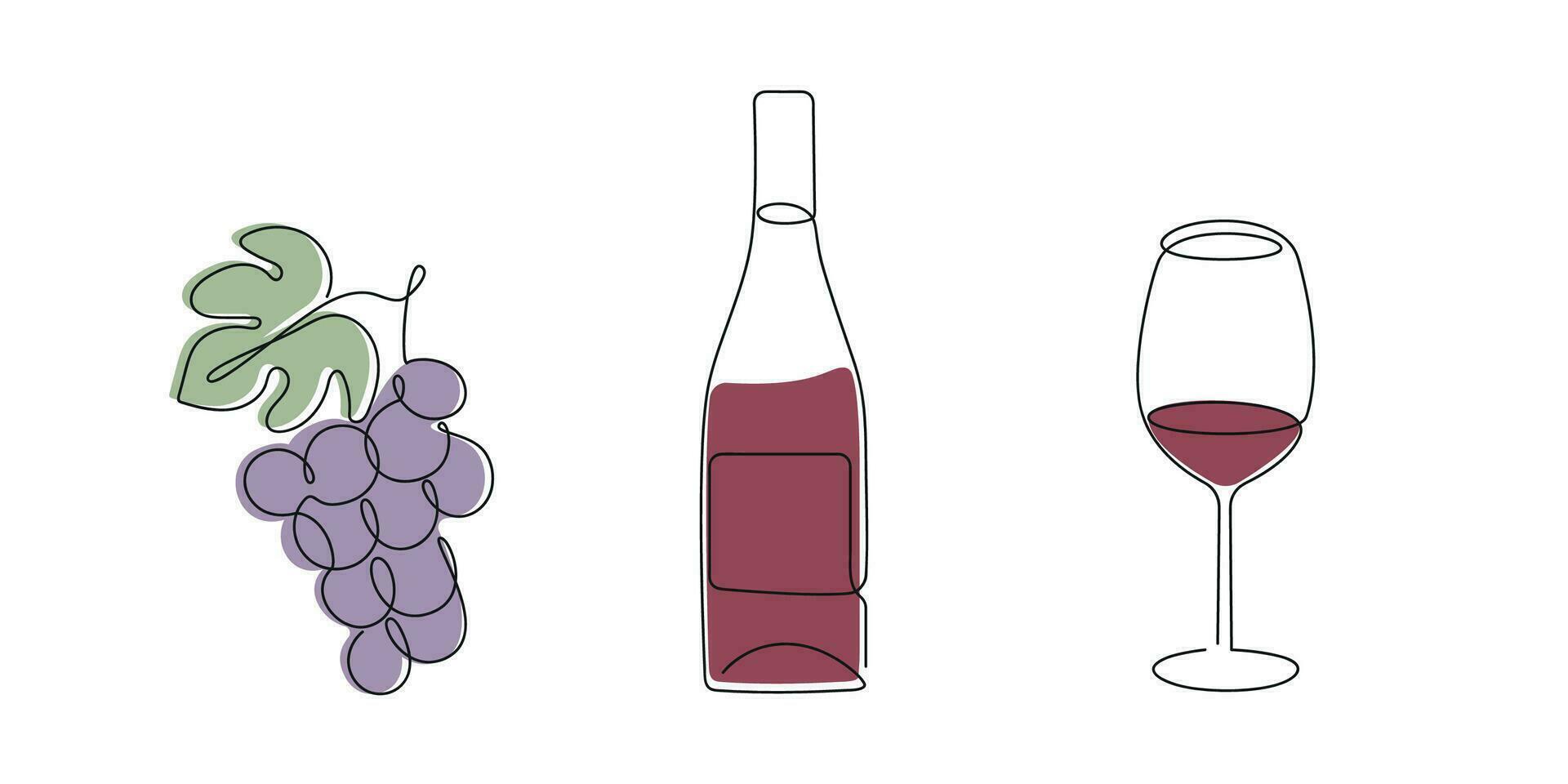 du vin ensemble raisin, bouteille, du vin verre tiré dans un continu ligne dans couleur. un ligne dessin, minimalisme. vecteur illustration.