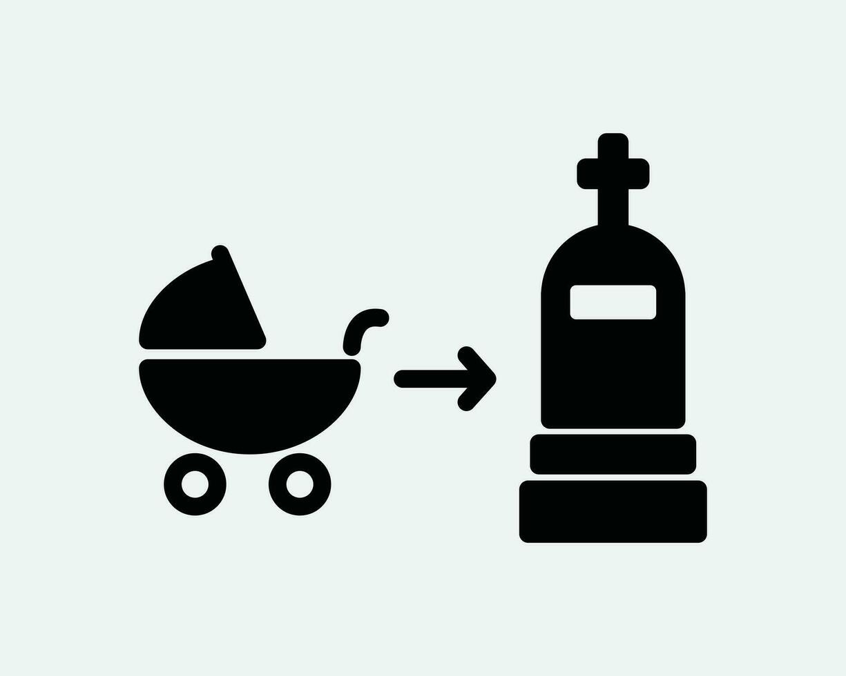 naissance à décès icône. née mourir le chariot poussette poussette la tombe pierre tombale la vie cycle processus Jeune à vieux. noir blanc signe symbole clipart eps vecteur