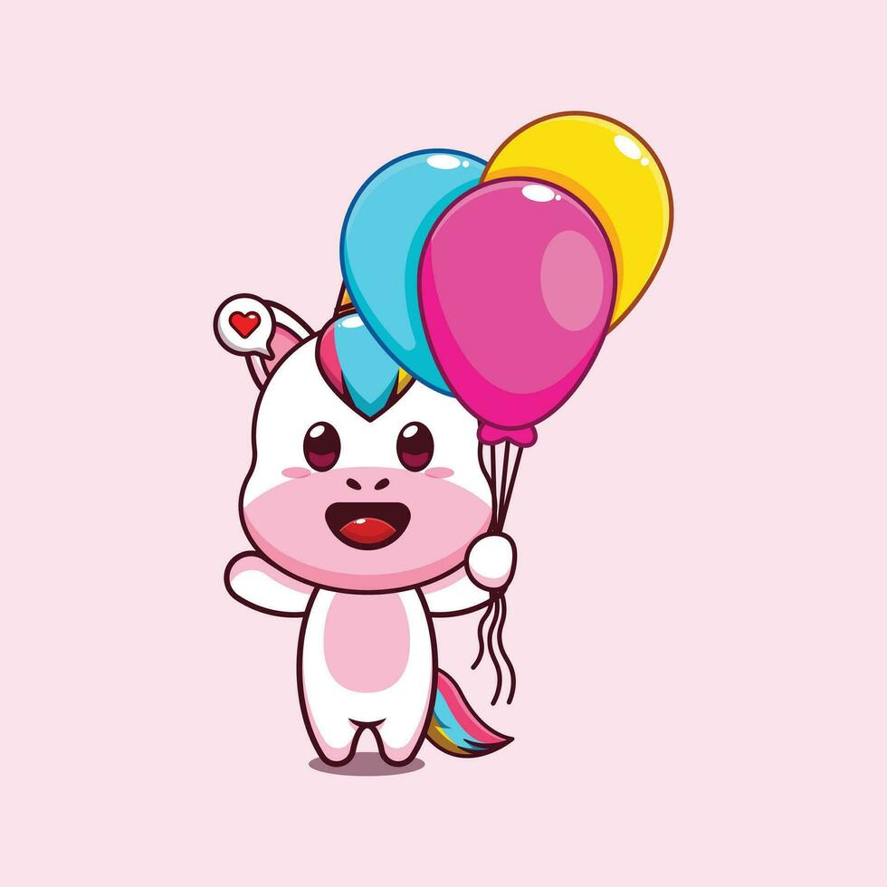 mignonne Licorne avec ballon dessin animé vecteur illustration.