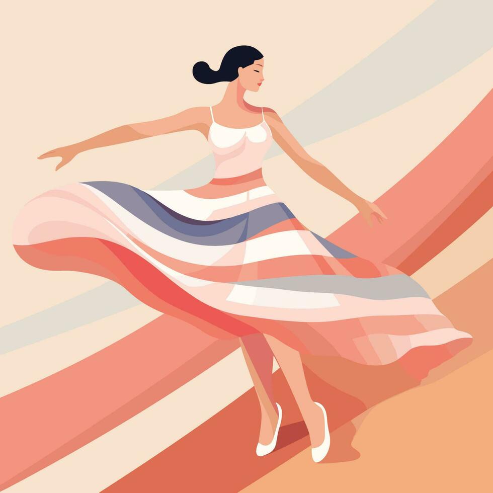vecteur de une femme gracieusement dansant dans une vibrant rayé robe