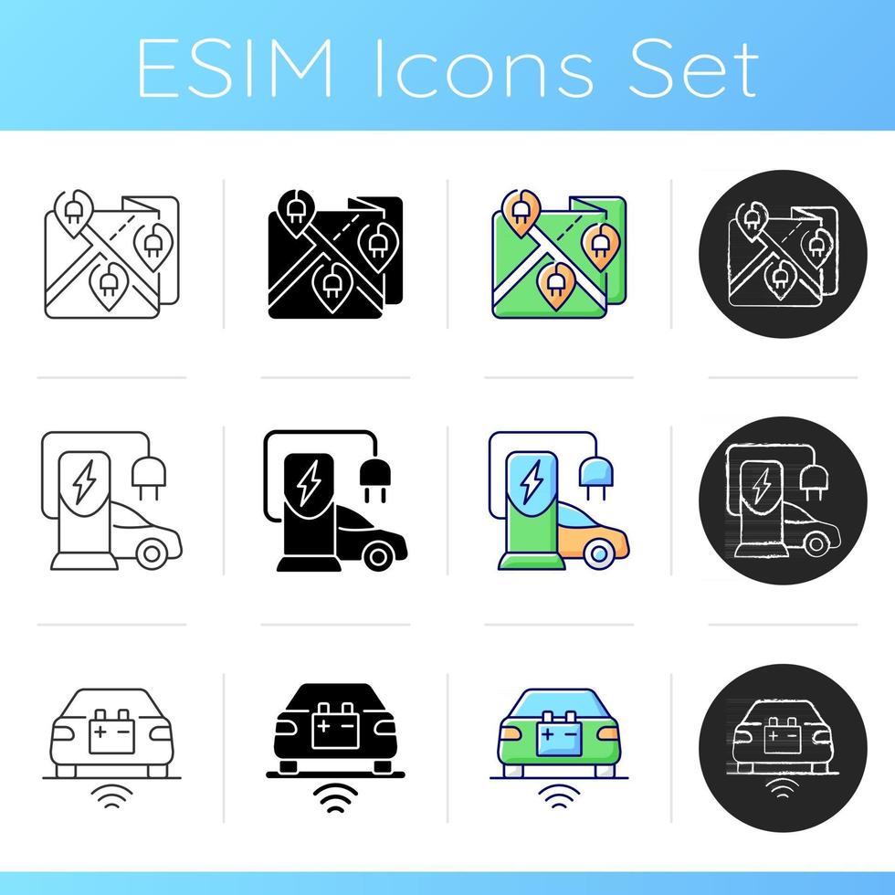 Ensemble d'icônes de chargement de véhicule électrique. borne de recharge portable pour elctromobile. façon écologique de voyager. voitures écologiques. styles de couleurs linéaires, noir et rvb. illustrations vectorielles isolées vecteur