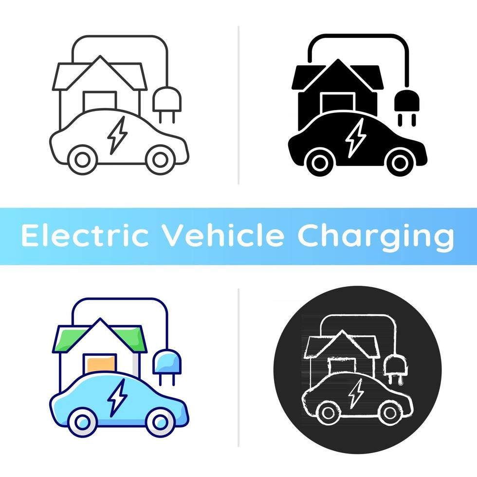 icône de point de charge ev à domicile. faire le plein de véhicule électronique à la maison. endroit pratique pour charger l'électromobile. carburant naturel. styles de couleurs linéaires noir et rvb. illustrations vectorielles isolées vecteur