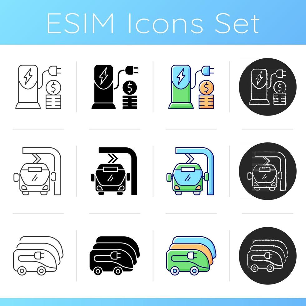 Ensemble d'icônes de chargement de véhicule électrique. moyen écologique de voyager pour les touristes. source de combustible naturel. ports de charge. styles de couleurs linéaires, noir et rvb. illustrations vectorielles isolées vecteur