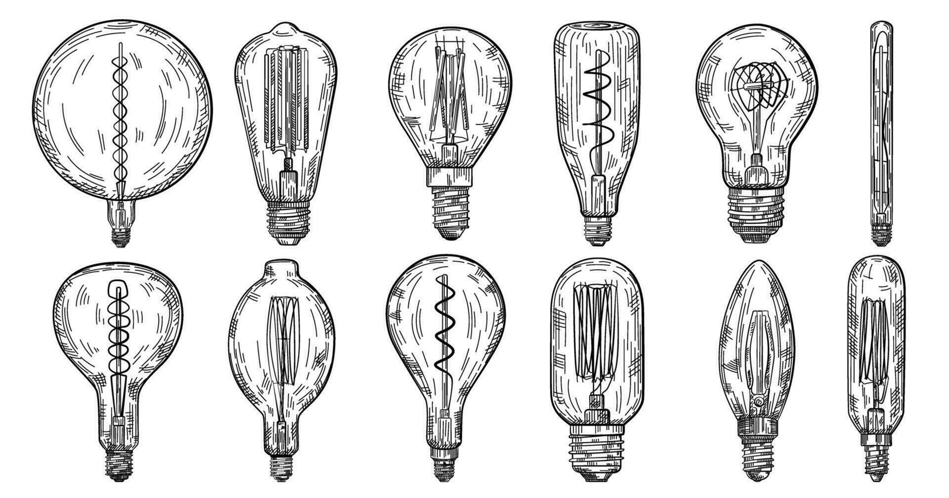 main tiré lumière ampoule dans ancien gravé style. électrique lampe esquisser. vecteur