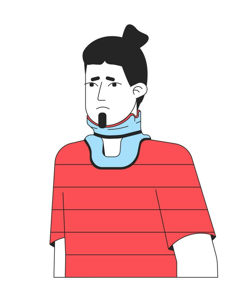 malheureux gars a cou blessure plat ligne Couleur vecteur personnage. modifiable contour moitié corps malade homme dans cou soutien bandage sur blanche. Facile dessin animé place illustration pour la toile graphique conception