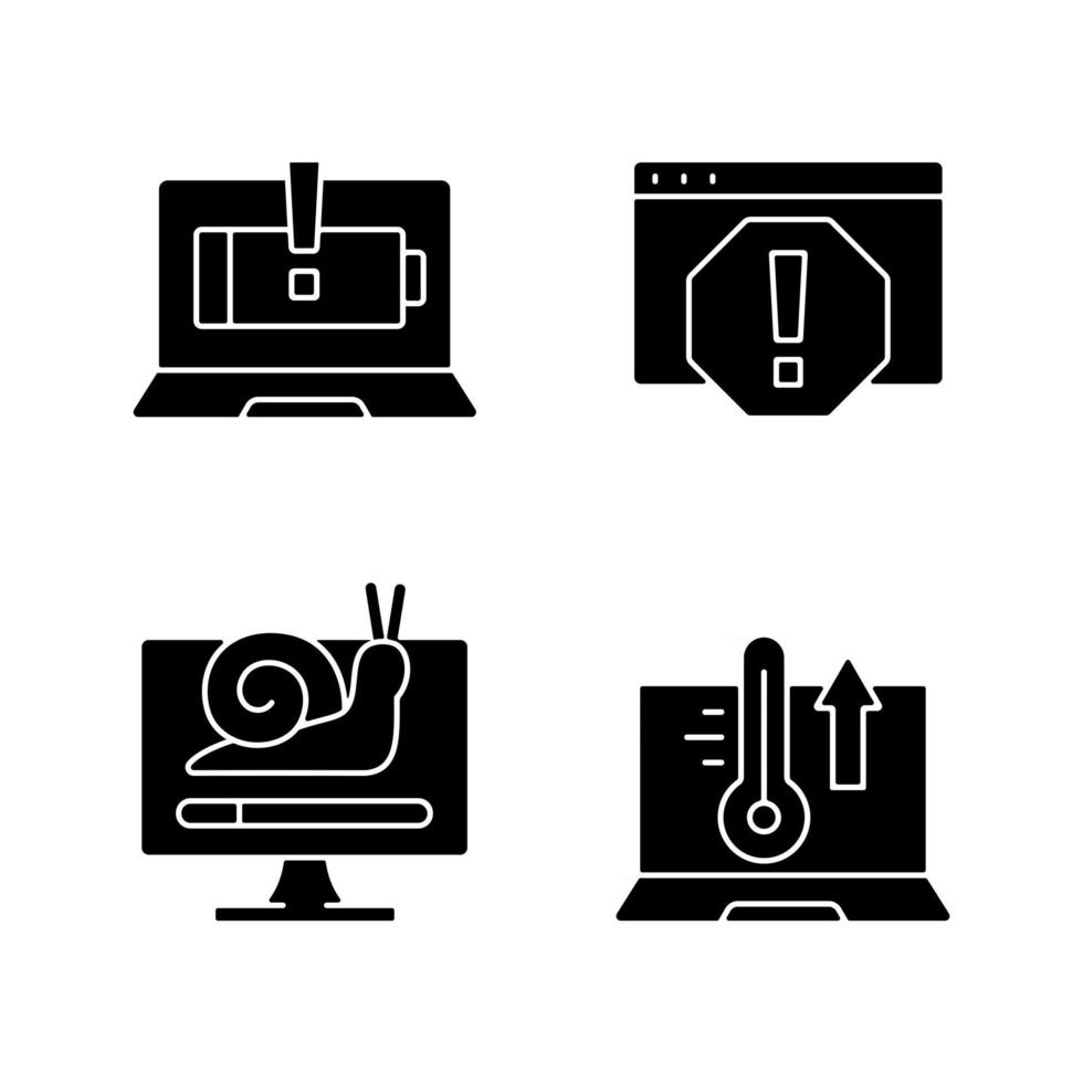 erreurs informatiques icônes de glyphe noir sur un espace blanc. la batterie ne charge pas. fenêtre d'erreur système. traitement lent. problèmes d'ordinateur portable. service de réparation. symboles de silhouette. illustration vectorielle isolée vecteur