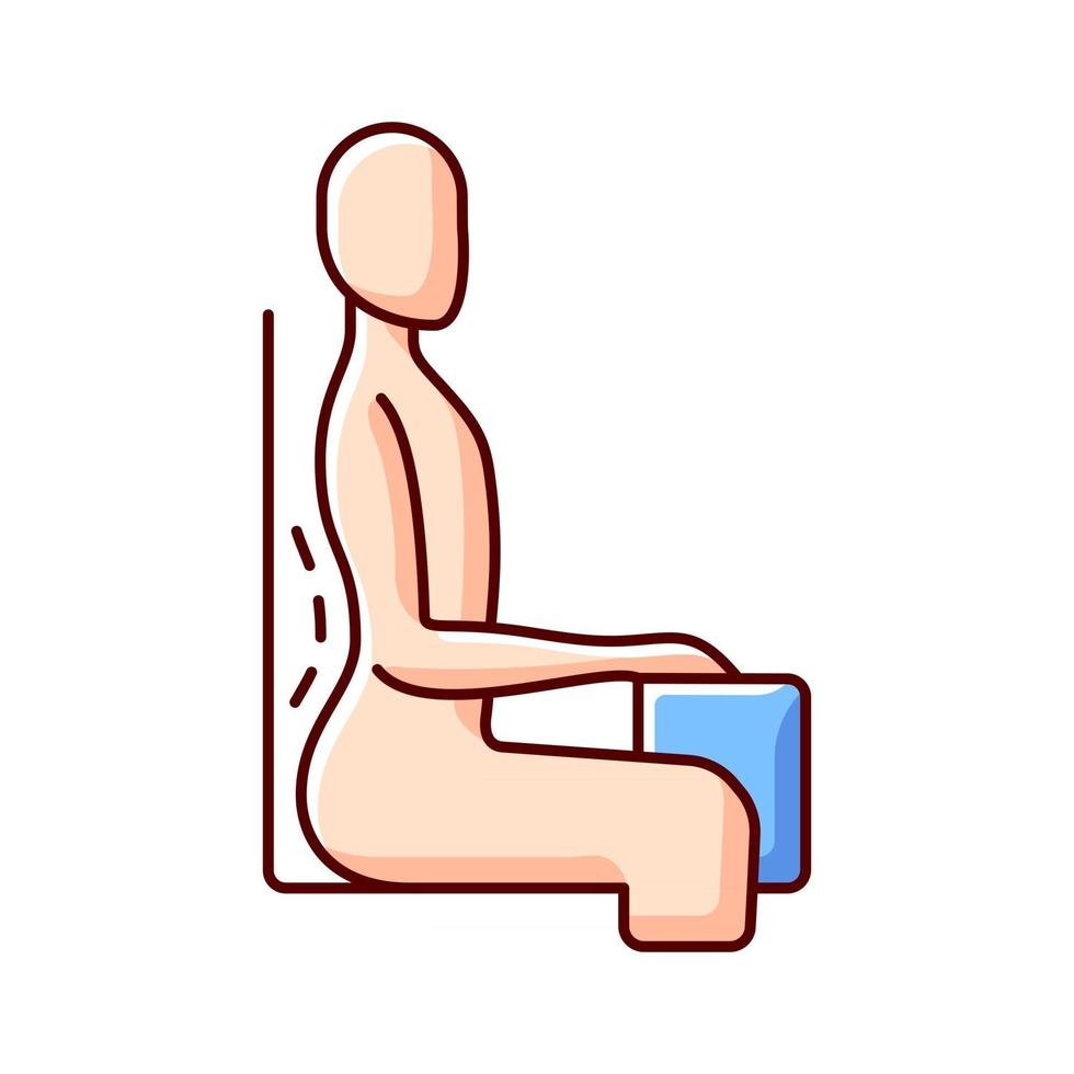 icône de couleur RVB de position assise non naturelle. posture de lordose lombaire accrue. Chaise à angle de 90 degrés. tension et tension musculaires. courbe vers l'intérieur anormale. assis bien droit. illustration vectorielle isolée vecteur