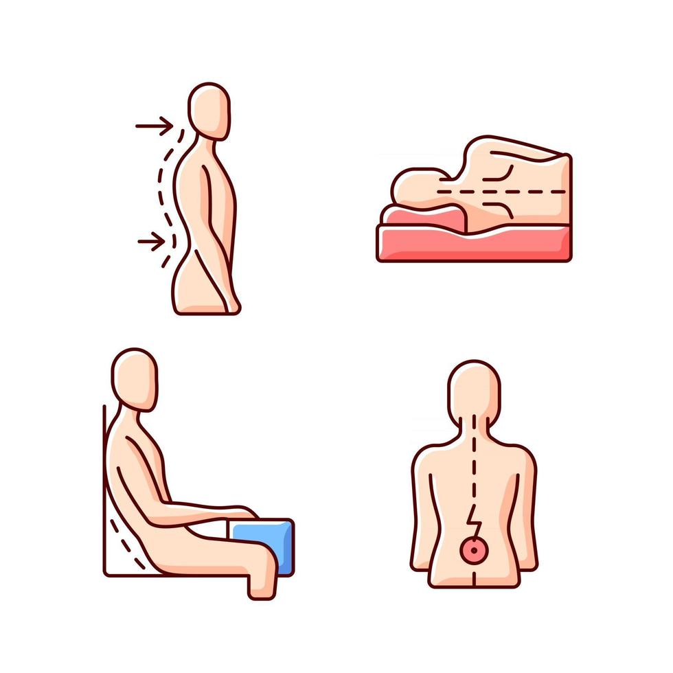 Ensemble d'icônes de couleur rvb de dysfonctionnement postural. lordose lombaire. position couchée sur le côté. angle d'assise incorrect. garder la colonne vertébrale droite. posture exagérée. illustrations vectorielles isolées vecteur