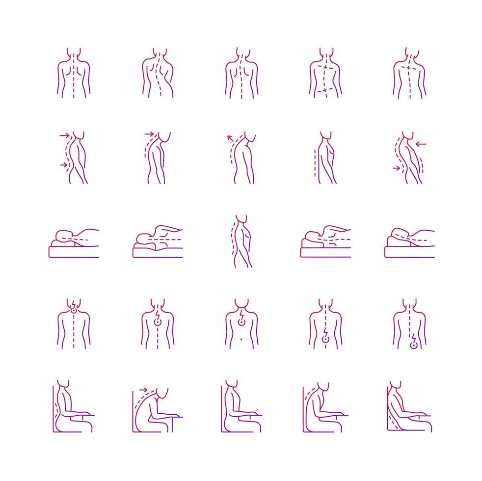 problèmes de dos et de posture ensemble d'icônes vectorielles linéaires en dégradé. anomalies de la colonne vertébrale. maintenir l'alignement naturel. paquet de symboles de contour de ligne mince. collection d'illustrations vectorielles isolées vecteur