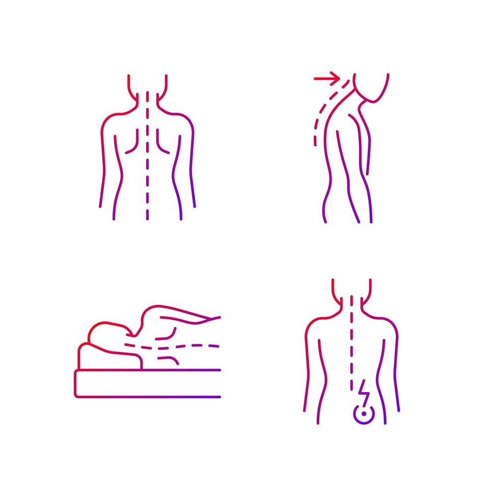 Problèmes de mauvaise posture ensemble d'icônes vectorielles linéaires en dégradé. colonne vertébrale normale. affalé. position couchée sur le côté. paquet de symboles de contour de ligne mince. collection d'illustrations vectorielles isolées vecteur