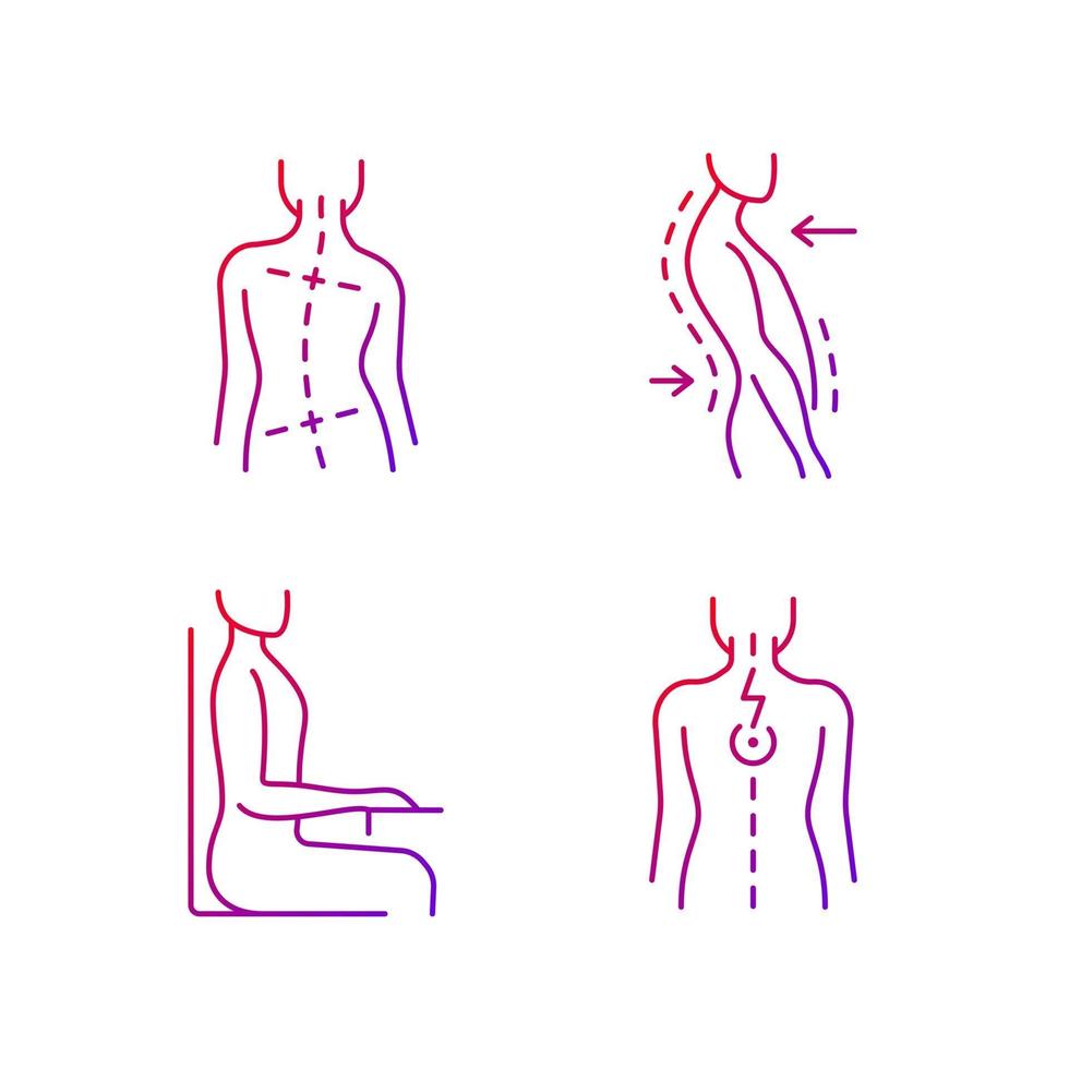 Mauvais problèmes de posture ensemble d'icônes vectorielles linéaires en dégradé. hanches et épaules inégales. posture de balancement. spasmes musculaires. paquet de symboles de contour de ligne mince. collection d'illustrations vectorielles isolées vecteur