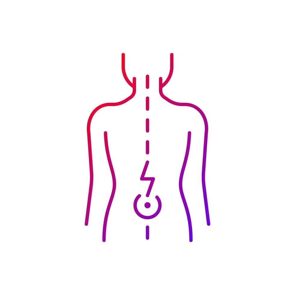 icône de vecteur linéaire dégradé de douleur au bas du dos. usure liée au vieillissement. handicap physique. disque rompu et bombé. symboles de couleur de ligne mince. pictogramme de style moderne. dessin de contour isolé de vecteur