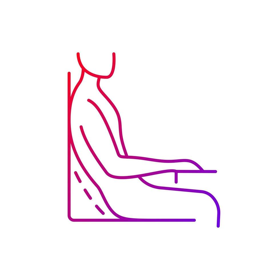 icône de vecteur linéaire dégradé de mauvaise habitude assise. se penchant en arrière dans le dossier de la chaise. angle d'assise incorrect. symboles de couleur de ligne mince. pictogramme de style moderne. dessin de contour isolé de vecteur