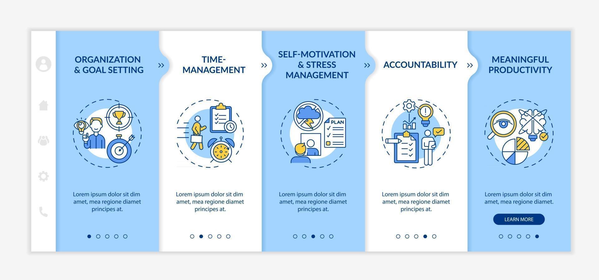 modèle vectoriel d'intégration d'amélioration des compétences d'autorégulation. site Web mobile réactif avec des icônes. page Web pas à pas, écrans en 5 étapes. concept de couleur de productivité avec illustrations linéaires