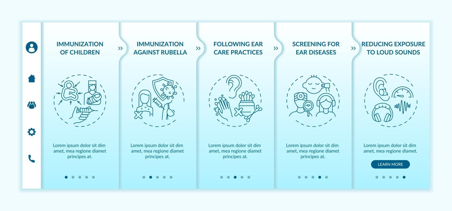 modèle vectoriel d'intégration des mesures préventives contre la perte auditive. site Web mobile réactif avec des icônes. page Web pas à pas, écrans en 5 étapes. dépistage du concept de couleur des maladies avec des illustrations linéaires