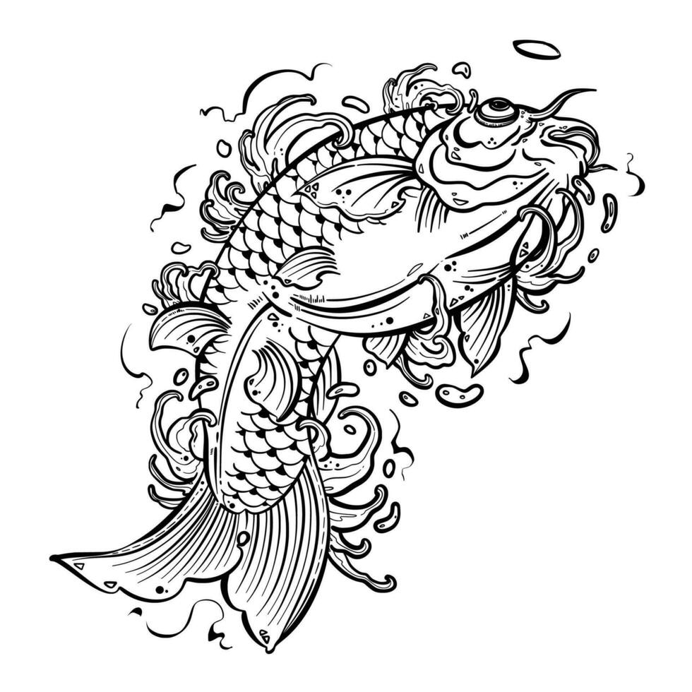noir tatouage koi poisson sur blanc Contexte vecteur