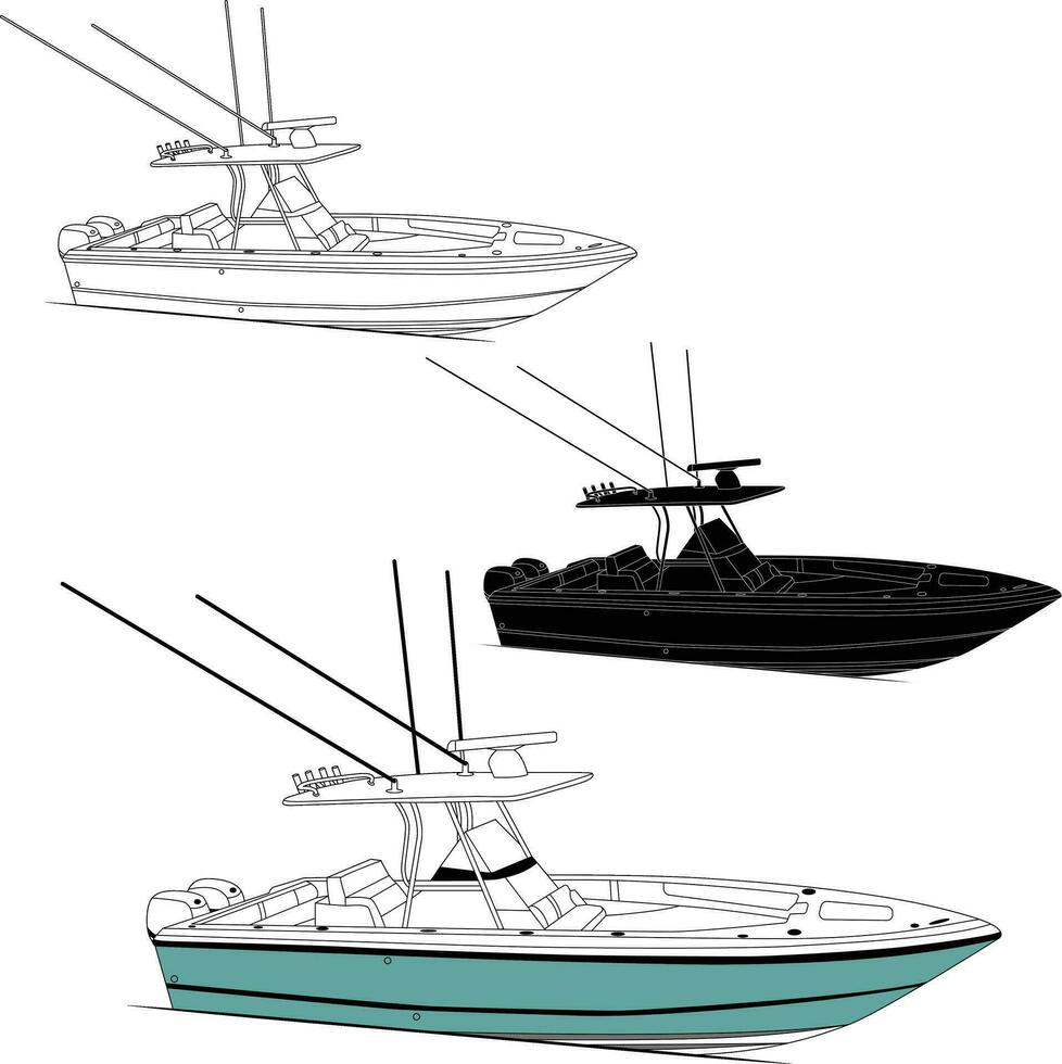 vecteur, ligne art et Couleur image de pêche bateau sur une blanc Contexte. vecteur